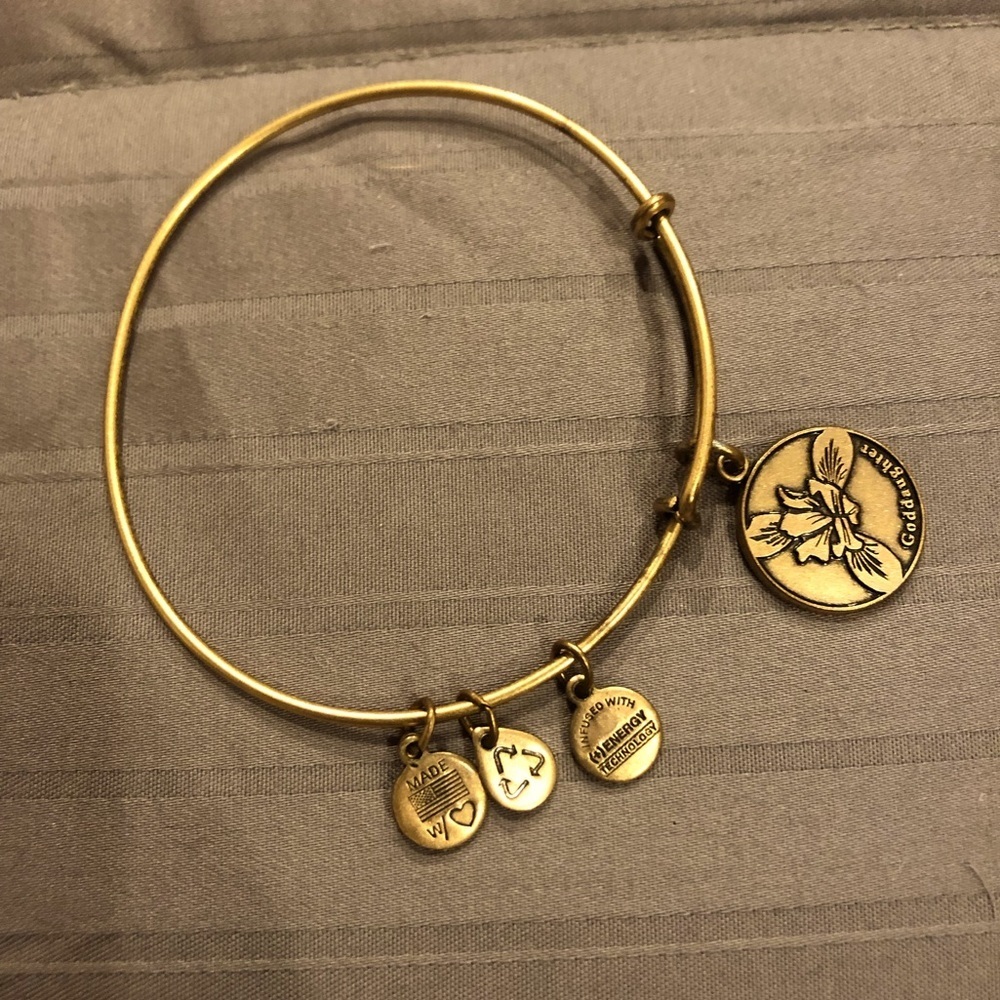 Never-worn Alex and Ani “Goddaughter” gold-tone bracelet